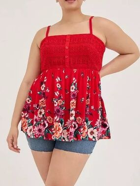 torrid Red Floral Lace-Trim Tank Blouse Size 3